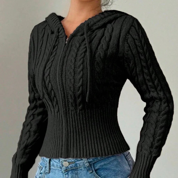 Black Casual Women's Front Zipper Long Sleeve Hooded Sweatshirt - Picture 4 of 5